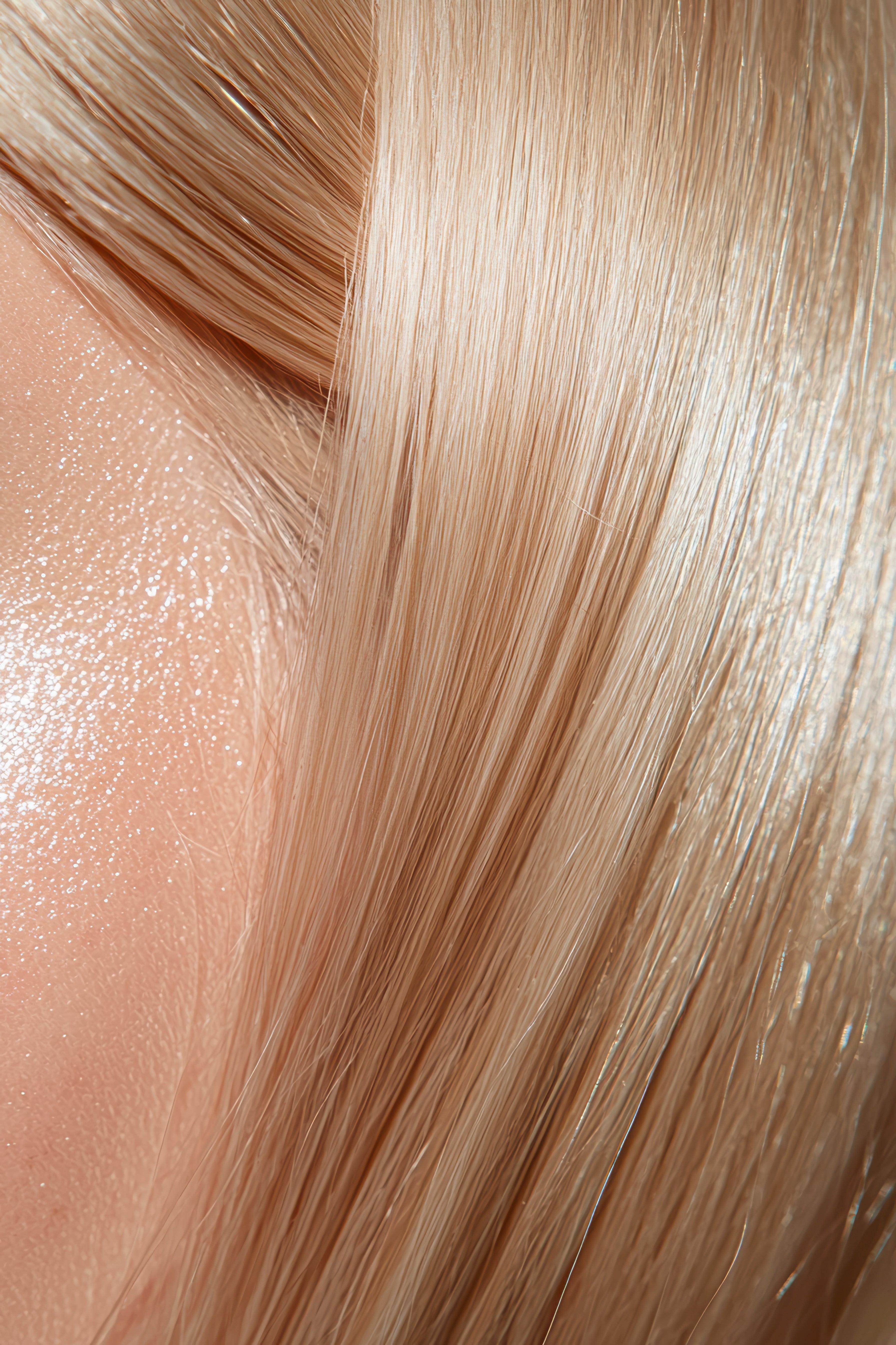 Side profile of woman with glowing skin and glossy blonde hair