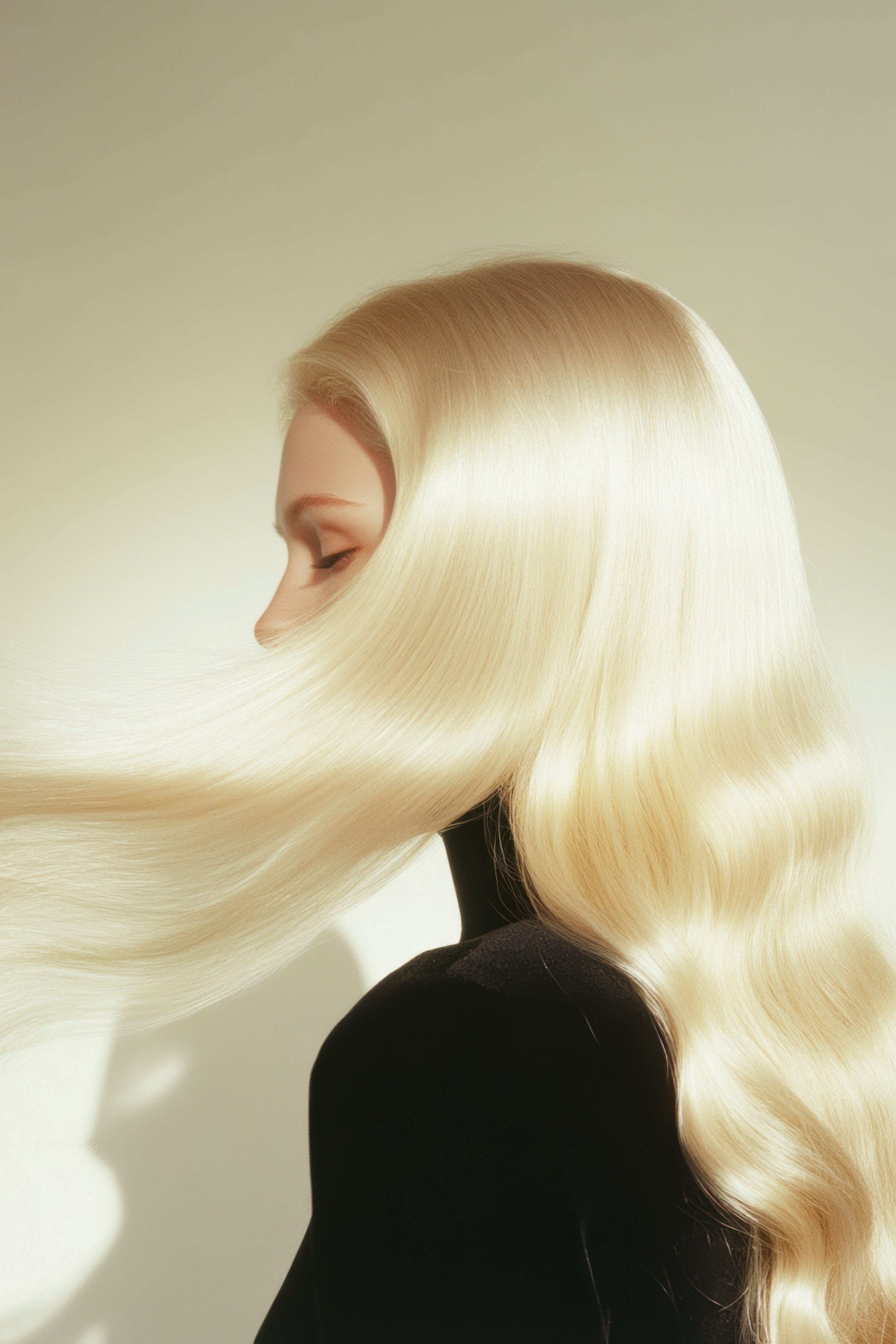 Side profile of a woman with bright blonde, wavy, healthy hair