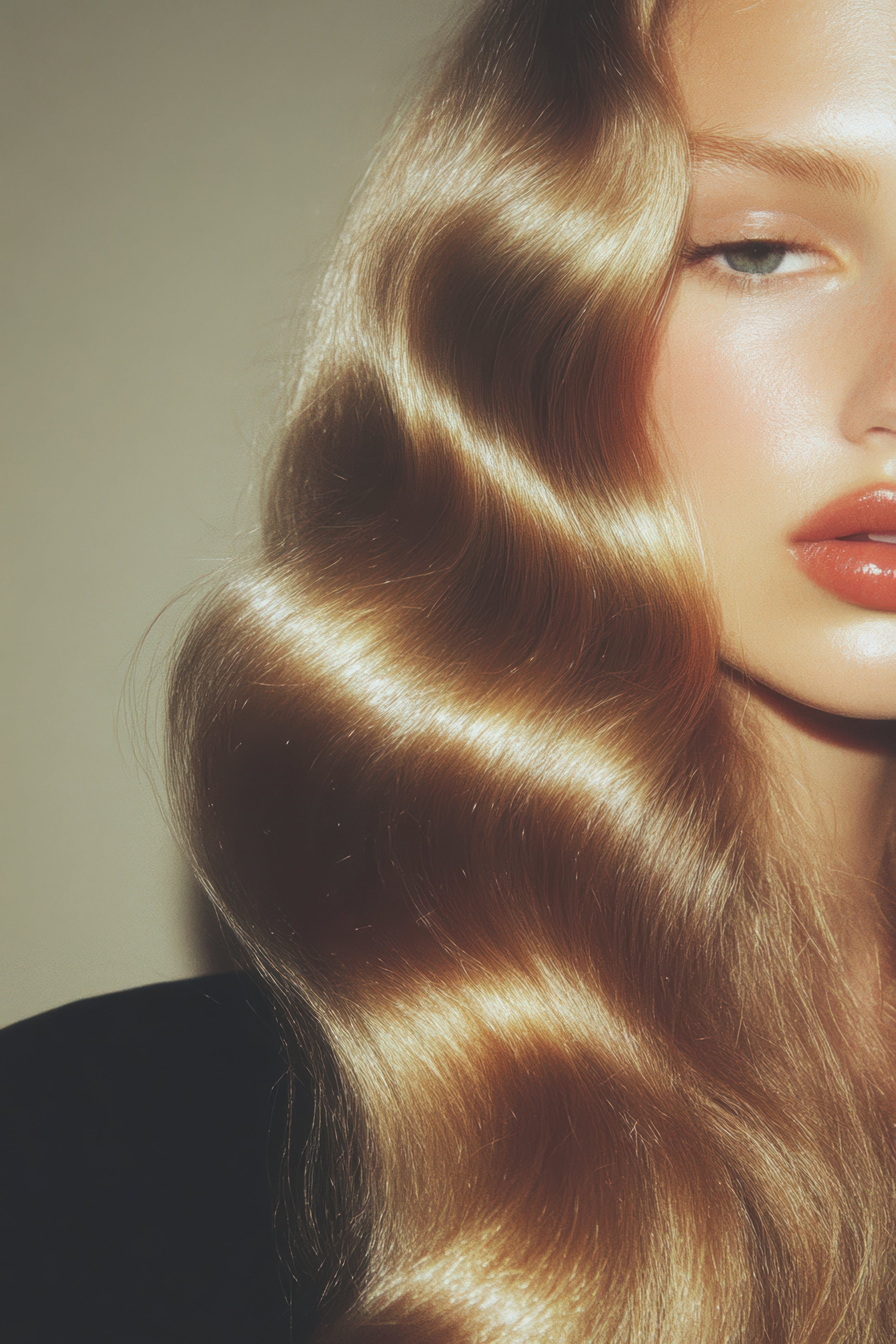 Close up of a woman with blonde, wavy, and glossy hair