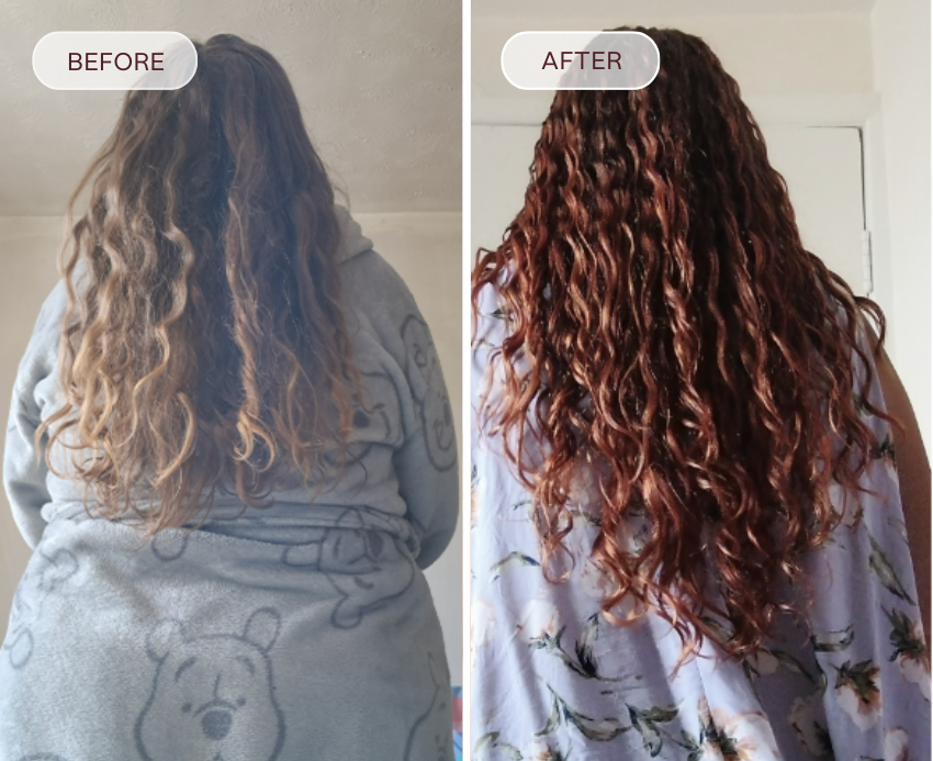 Before and after comparison of long, wavy hair with a person wearing a robe.
