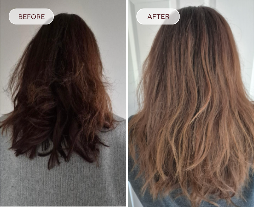 Before and after comparison of hair color treatment showing a person with dark brown hair on the left and lighter brown hair on the right.