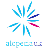 Logo of alopecia uk with blue and pink radial design