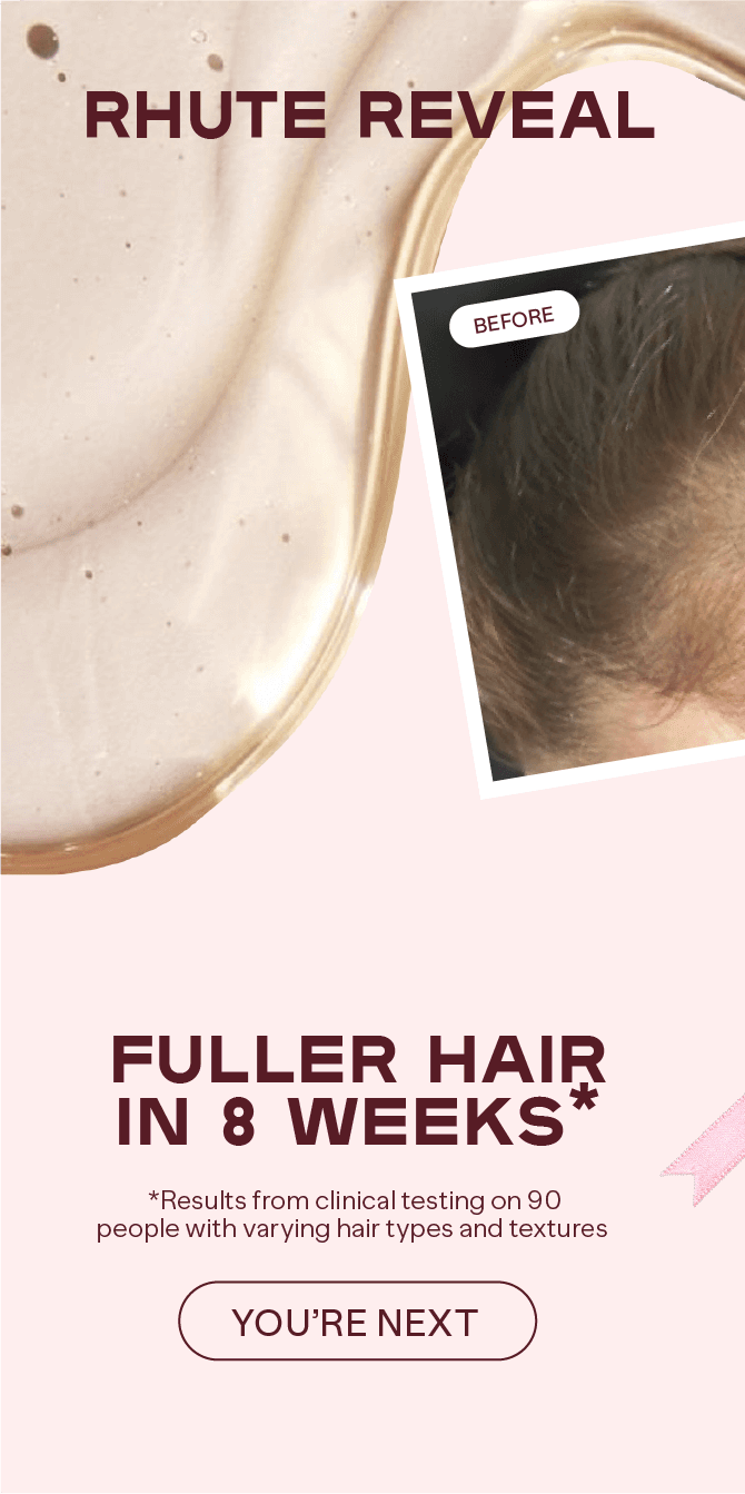 Advertisement for a hair serum showing before and after results with text about fuller hair in 8 weeks.
