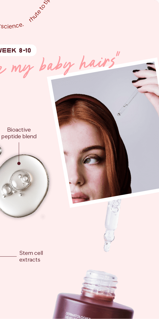 Advertisement for a hair care product with a woman's face and product packaging on a pink background.