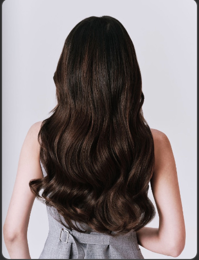 Woman with long, wavy brown hair on a plain background