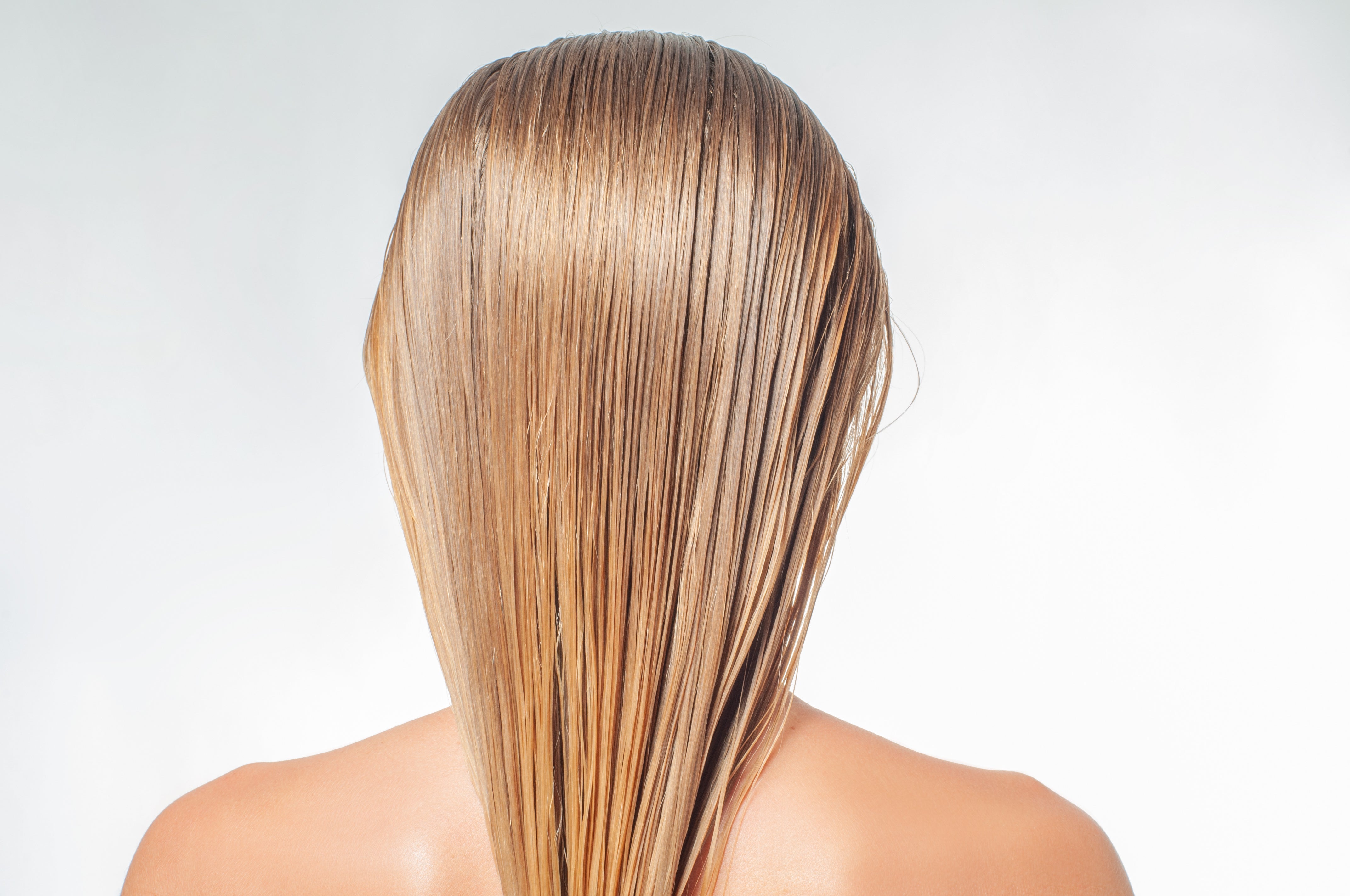 Back of woman's head with long blonde hair falling down her back