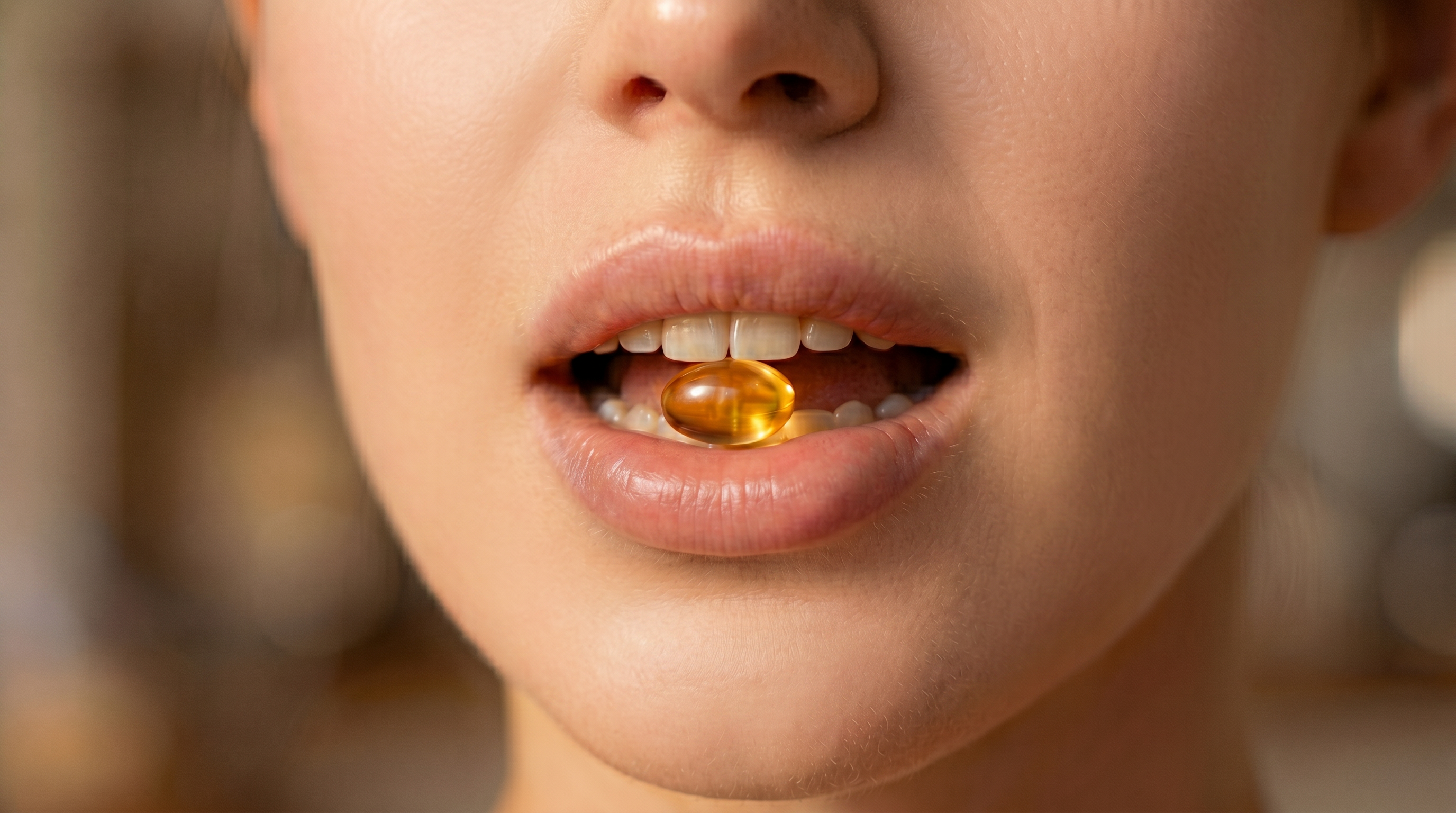 Close up of bottom half of a woman's face with a supplement in her mouth