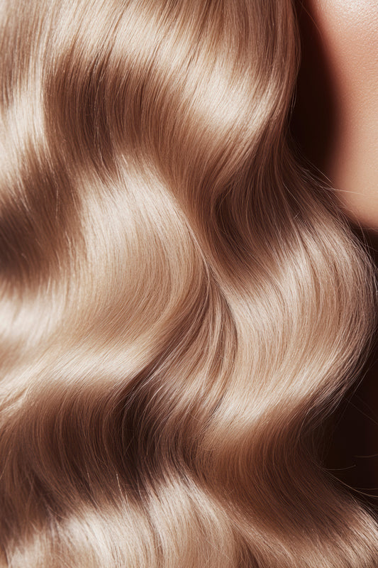 Close-up of shiny blonde wavy hair.