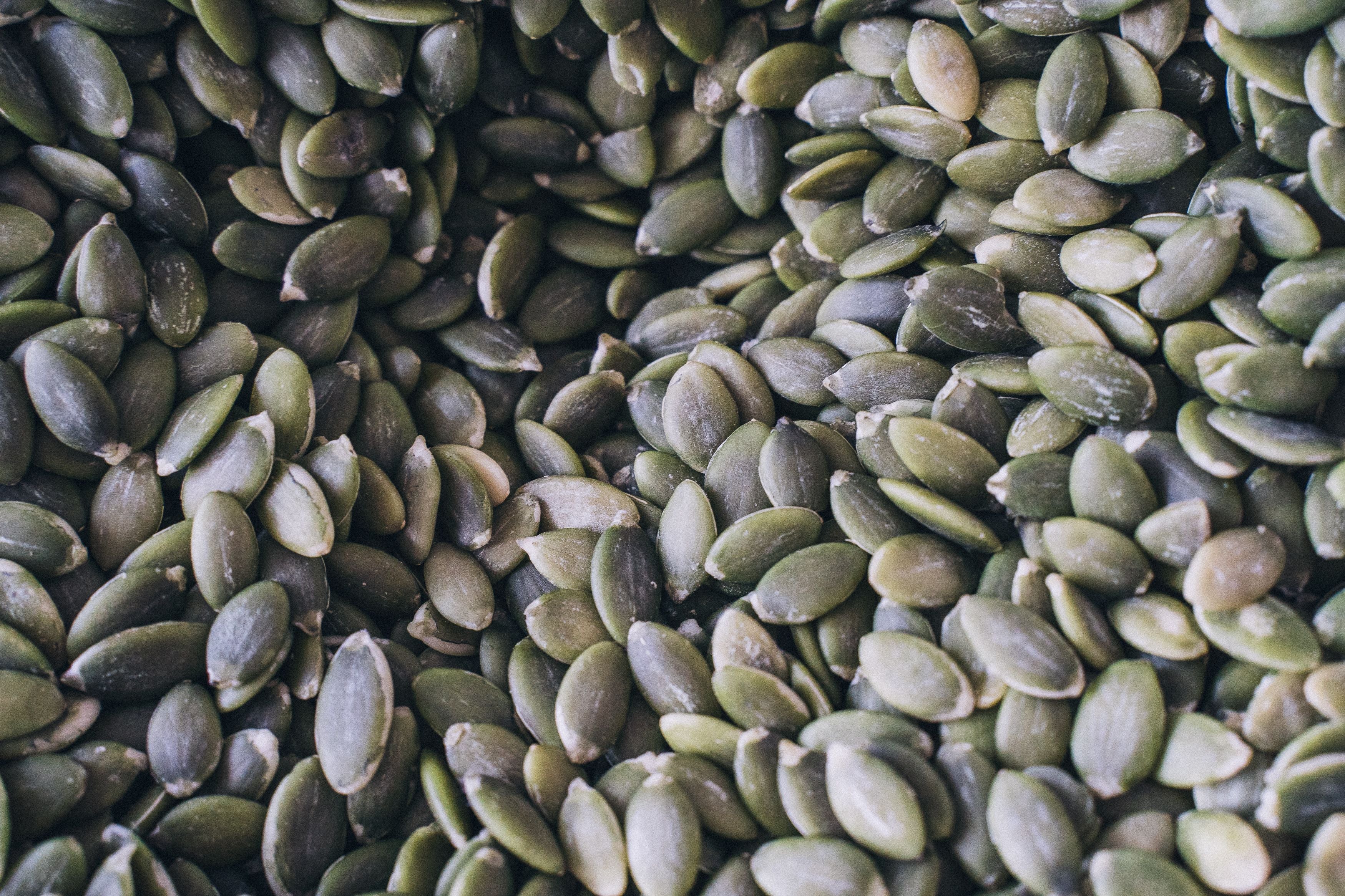 Close up of a pile of green pumpkin seeds