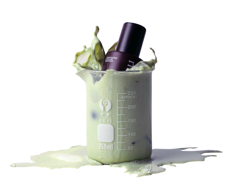 Rhute hair serum bottle in a 250 ml glass beaker overflowing with pale green cream, splashing over the rim.