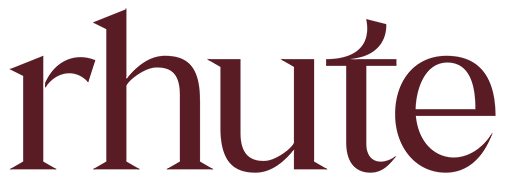 Maroon 'rhute' logo on a white background
