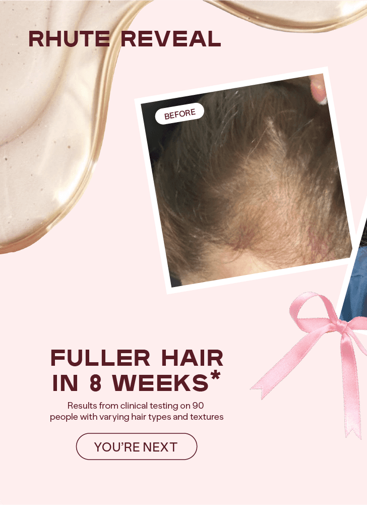 Advertisement for hair product showing 'Before' image of hair and promotional text on a pink background.