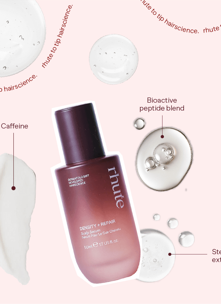Rhute Density + Repair bottle with product features on a pink background