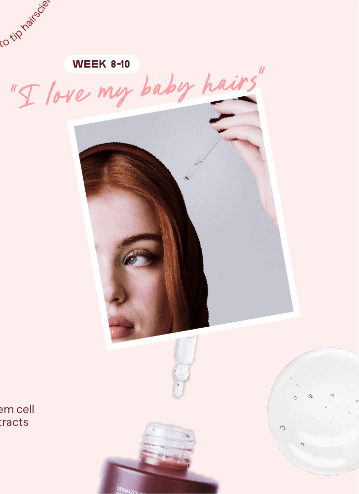Cosmetic product with text and a woman's face on a pink background